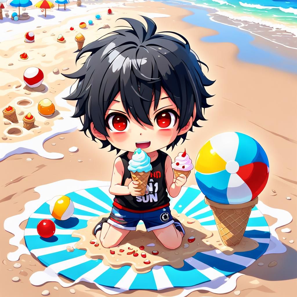 Chibi Boy on Beach with Melting Ice Cream