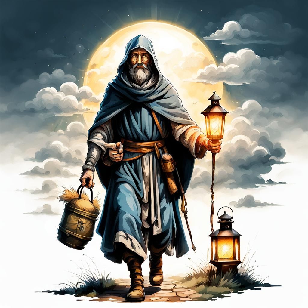 Pilgrim Walker Tattoo Design in Medieval Landscape