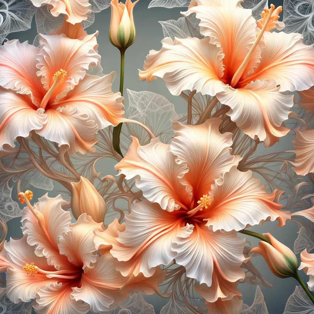 Luminous Peach Cream Hibiscus in Maximalist Style