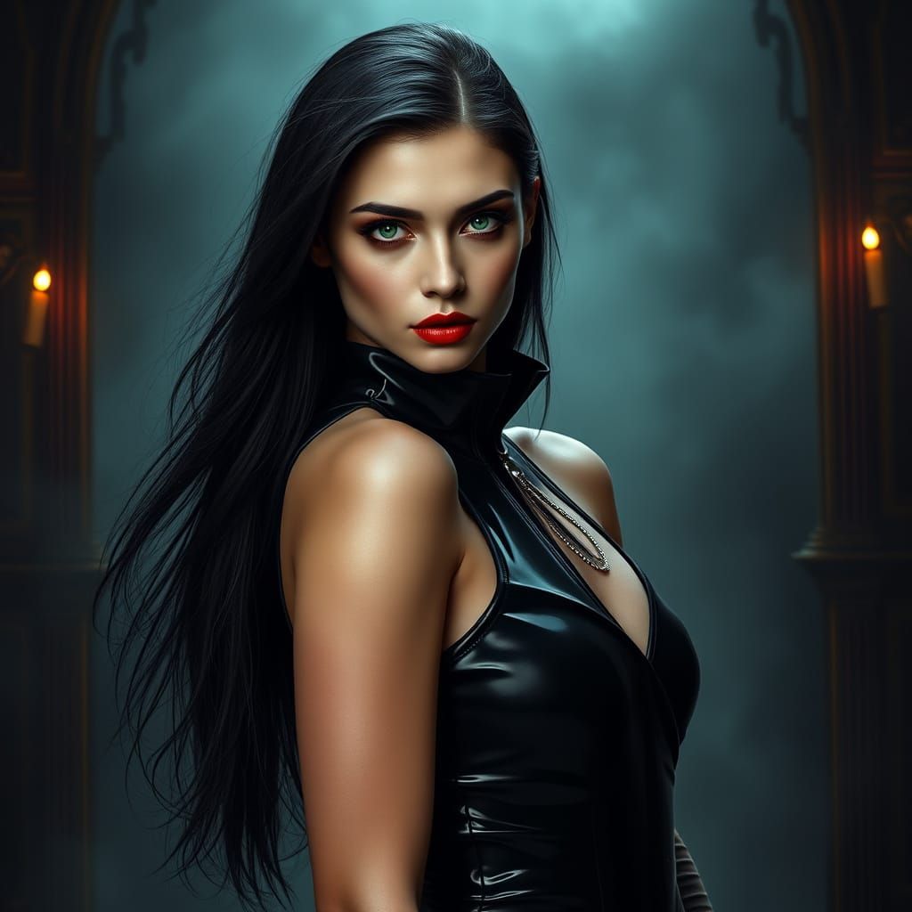 Gothic Vampire in Shimmering Black Jumpsuit