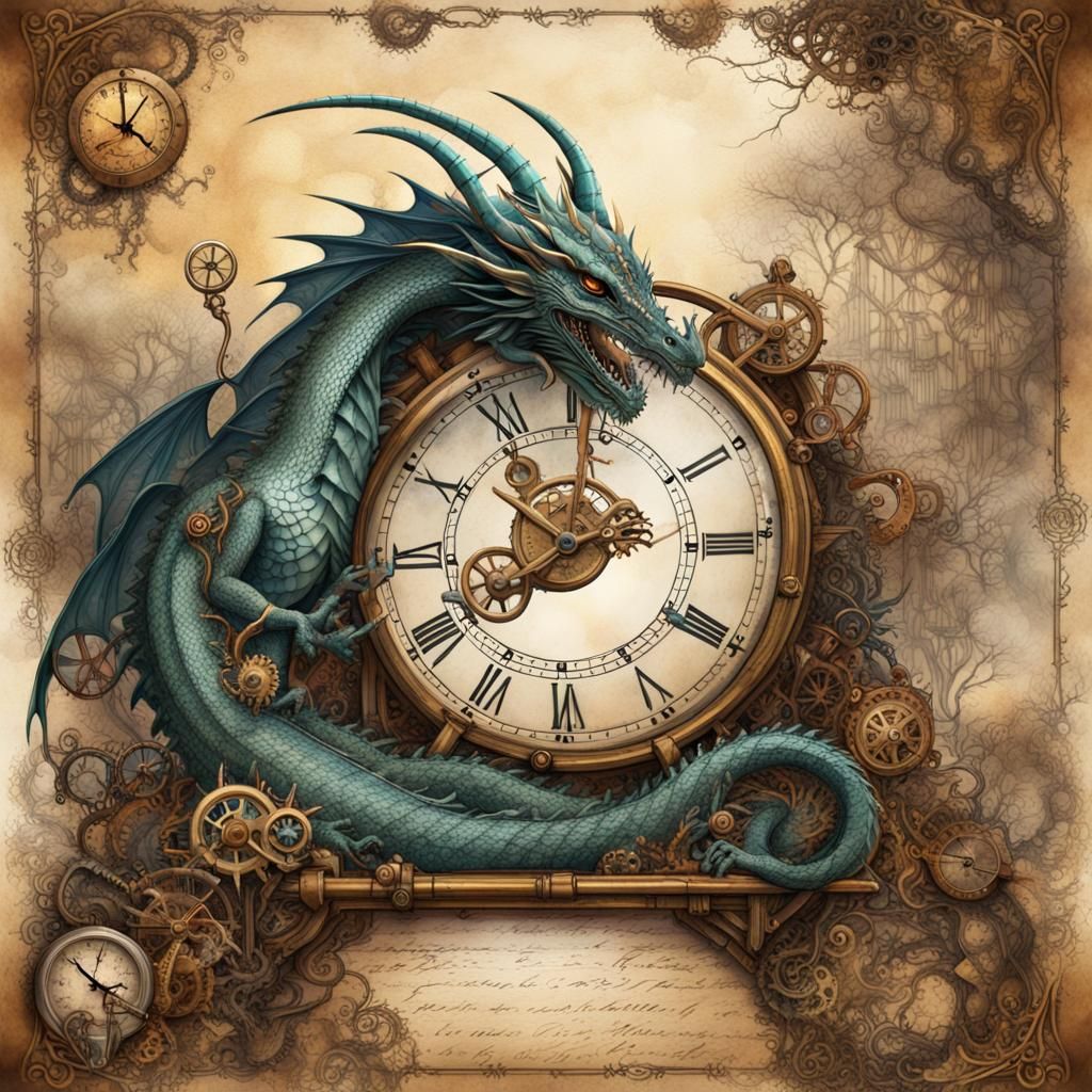 Steampunk Dragon Music Page in Watercolor Style