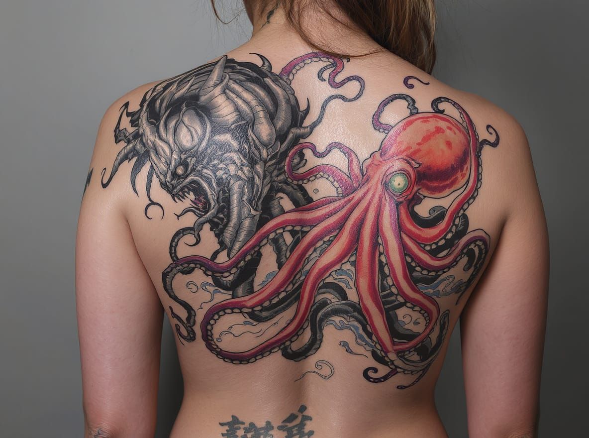 tattoo of a japanese demon fighting an octopus on a woman's ...