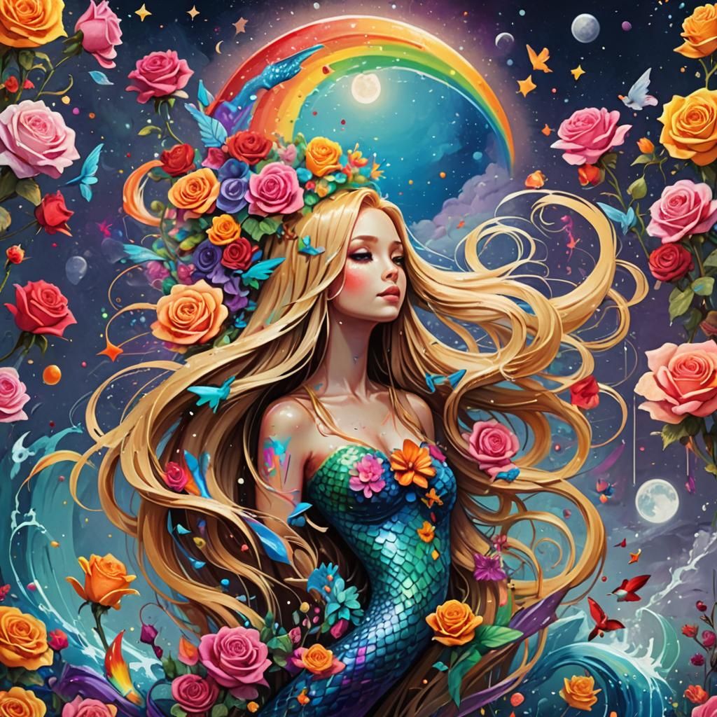 Mermaid in Graffiti Art with Rainbow and Roses