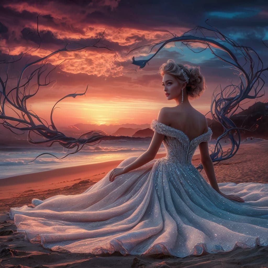 Sunset Beach Woman in Flowing Gown