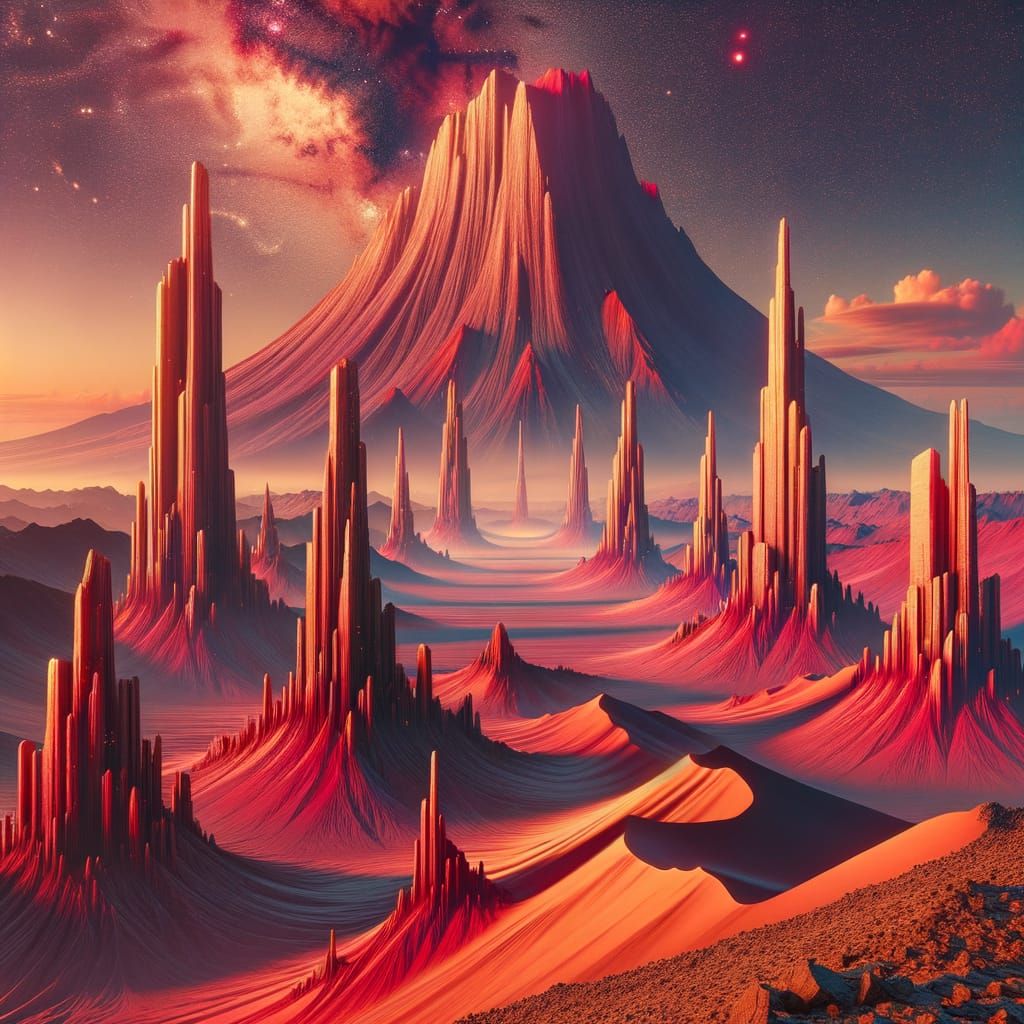 Red Sand Spires and Volcano: Fantasy Concept Art