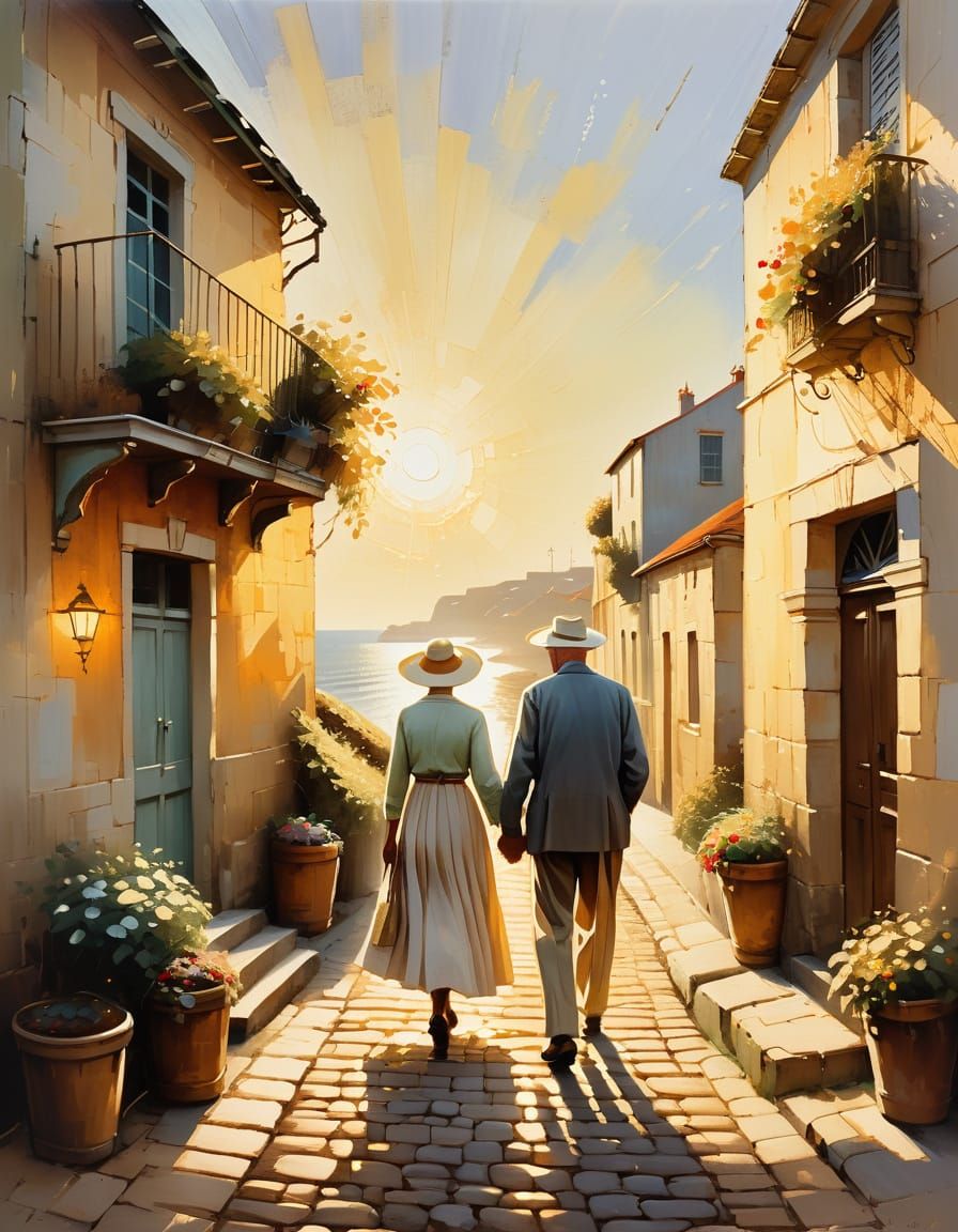 Elderly Couple Stroll in Impressionist Coastal Painting