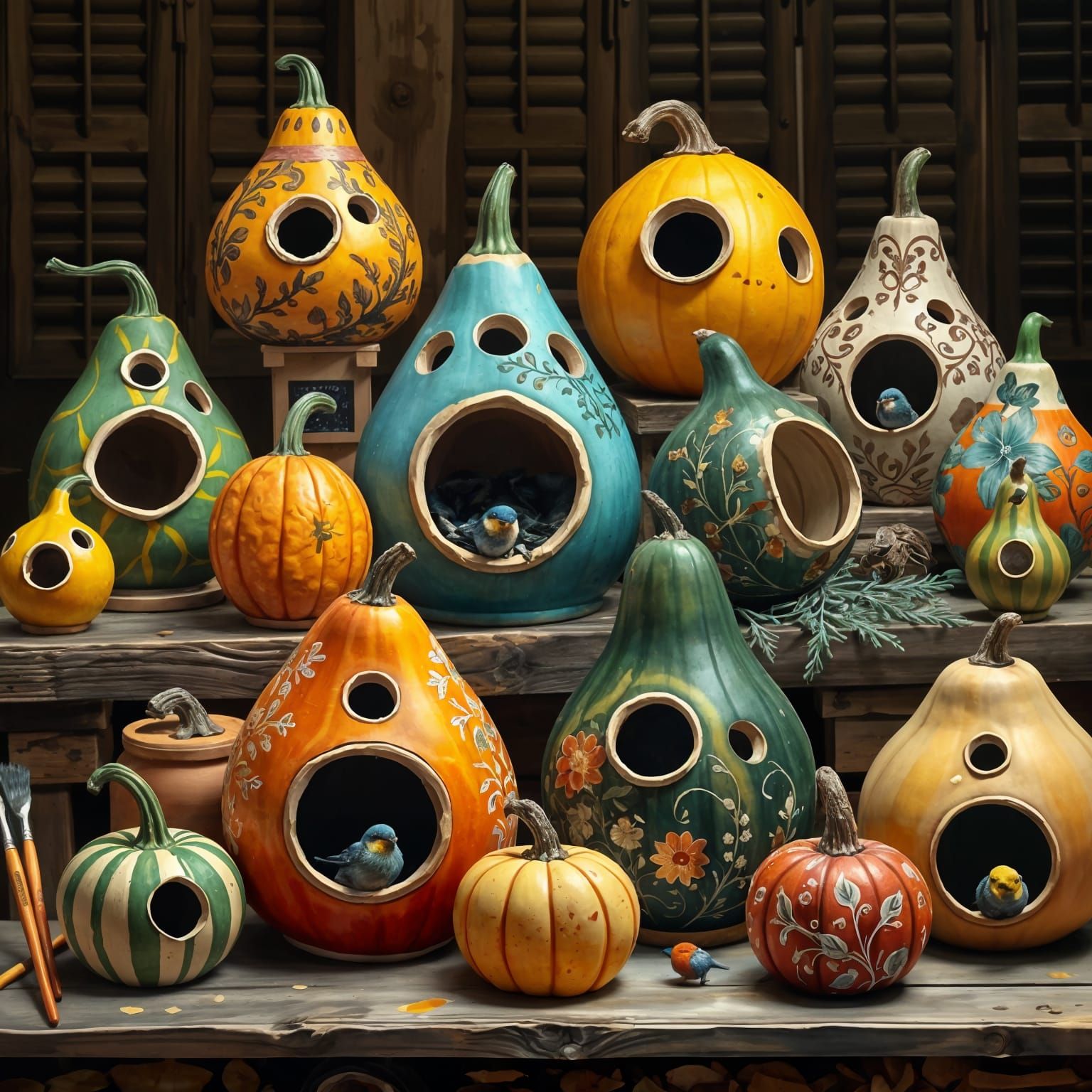 Colorful Carved Birdhouse Gourds Displayed on Wooden Table