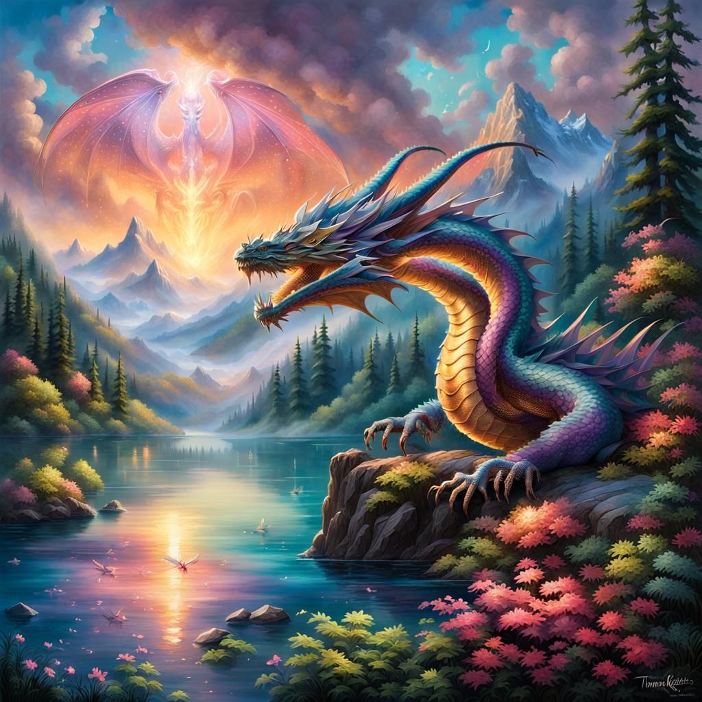 Dragon Flight Over Enchanted Lake in Fantasy Landscape
