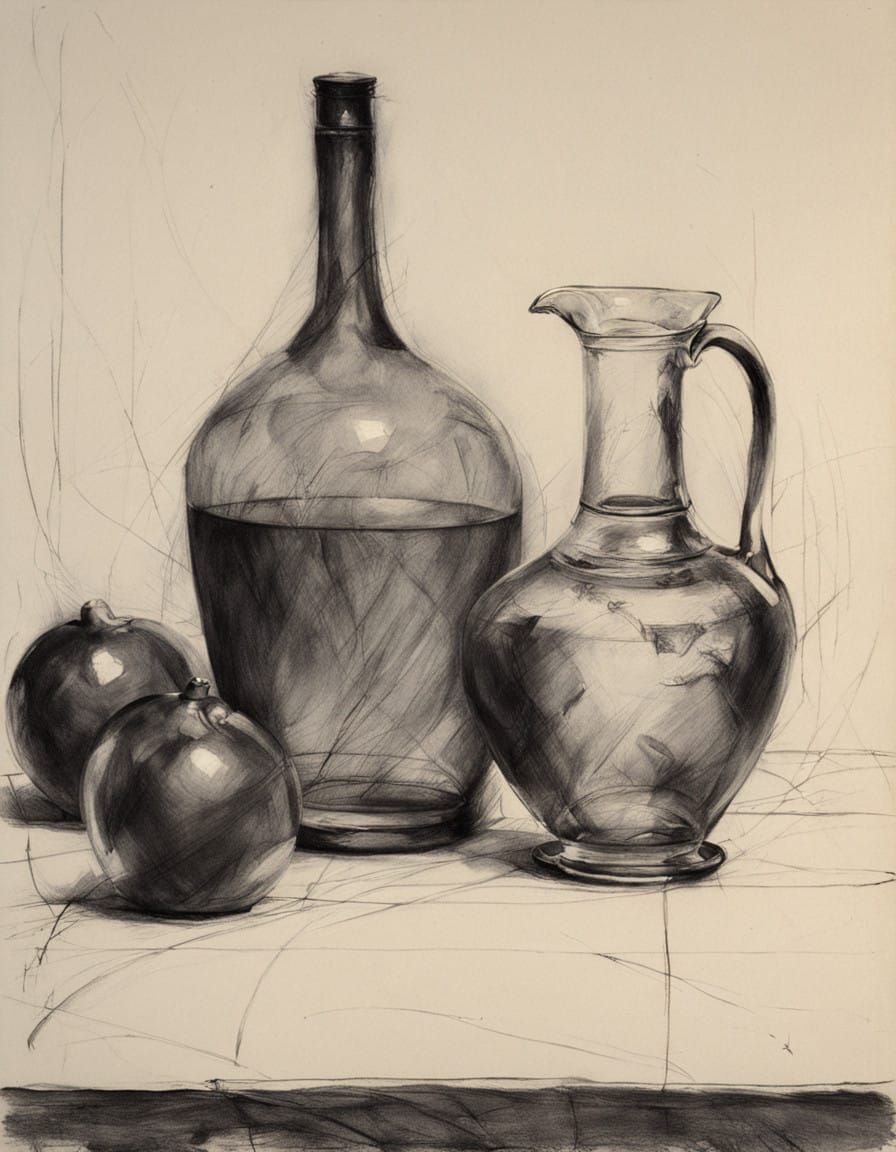 A  black and white minimalist pencil sketch of light falling on a jug