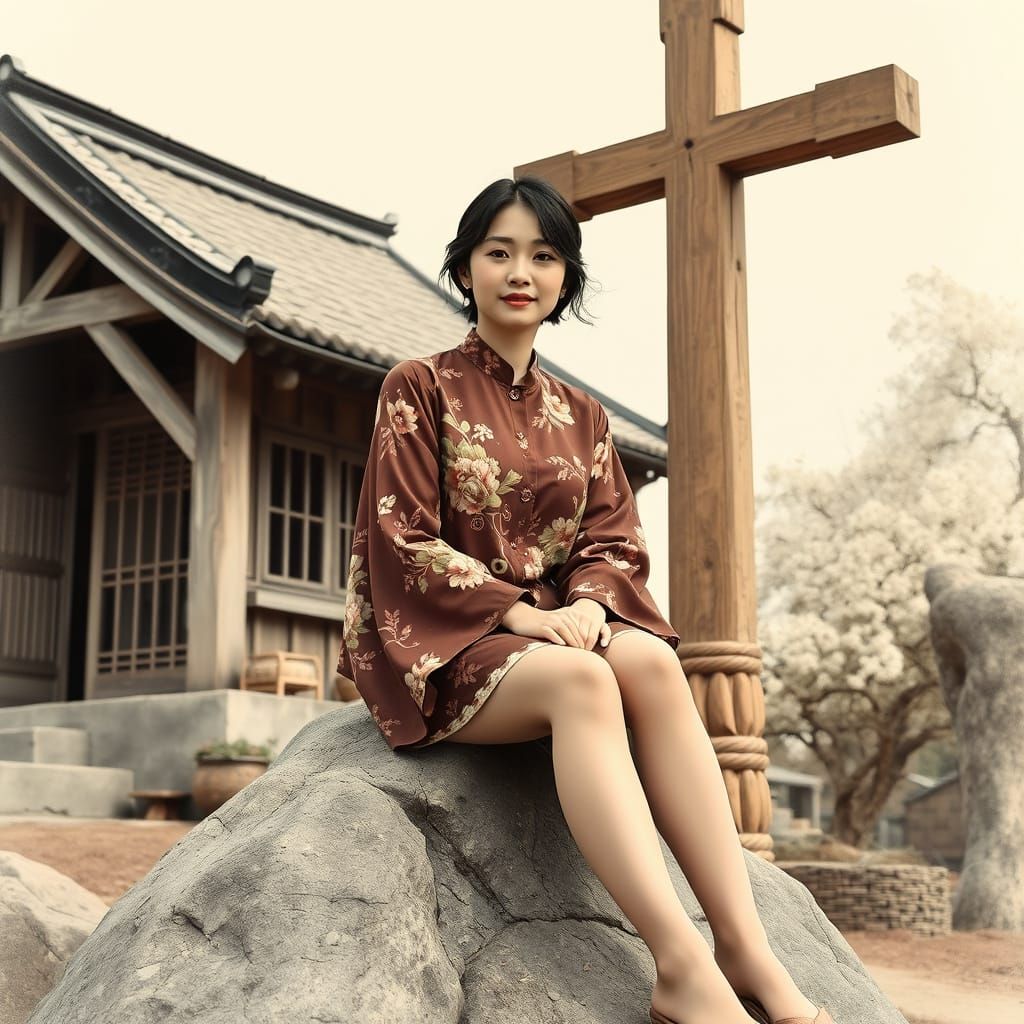 Serene Chinese Woman by Wooden Cross, Ink Wash Style