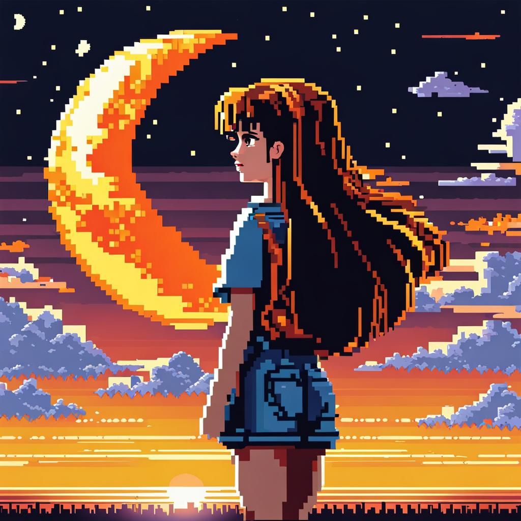 Girl Watches Sun and Moon Collision in 8-Bit Style