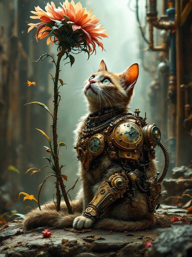 Steampunk Cat with Flower in Victorian Industrial Style