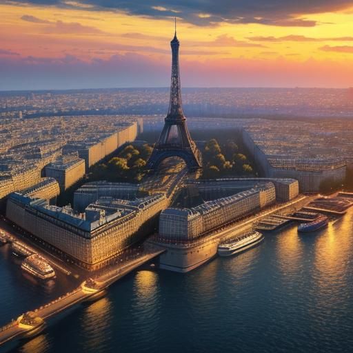 Paris Port Sunset with Eiffel Tower in Hyperrealism
