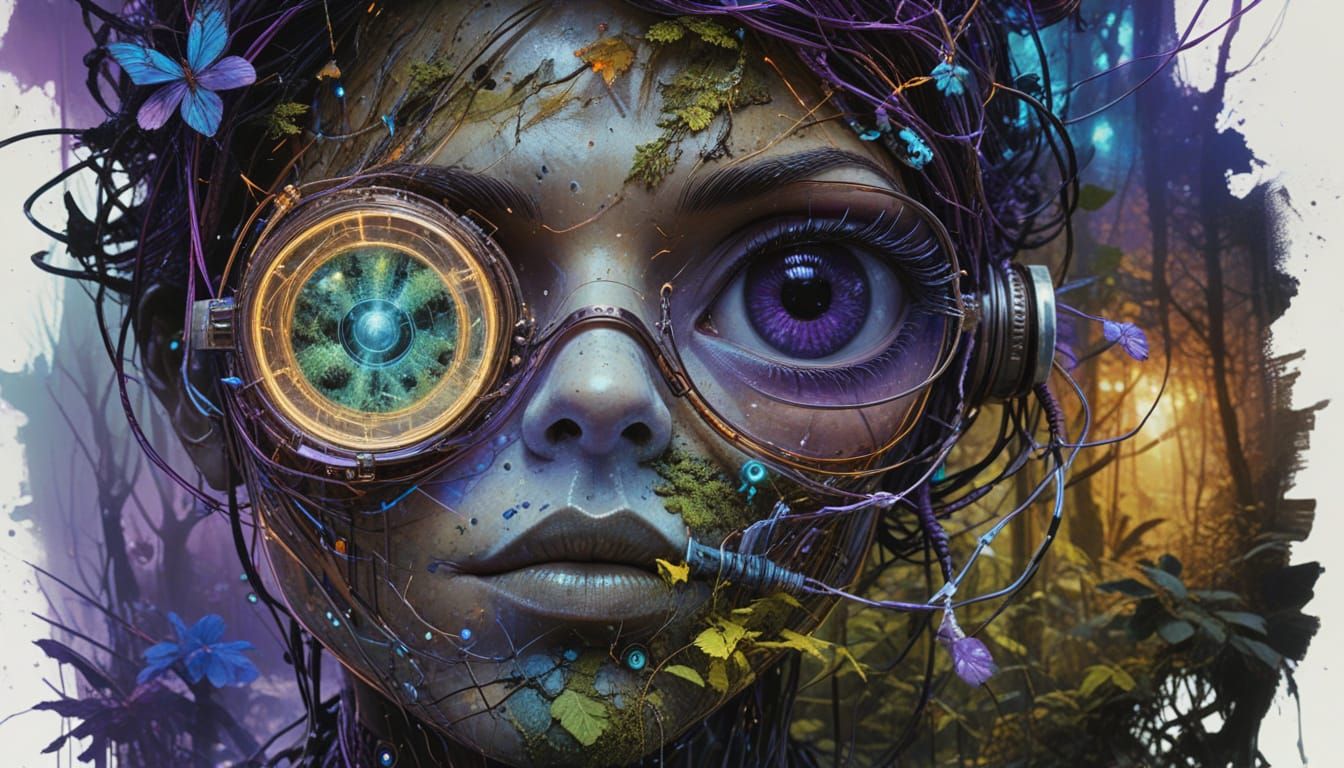 Machine Man in Bioluminescent Forest: Digital Painting