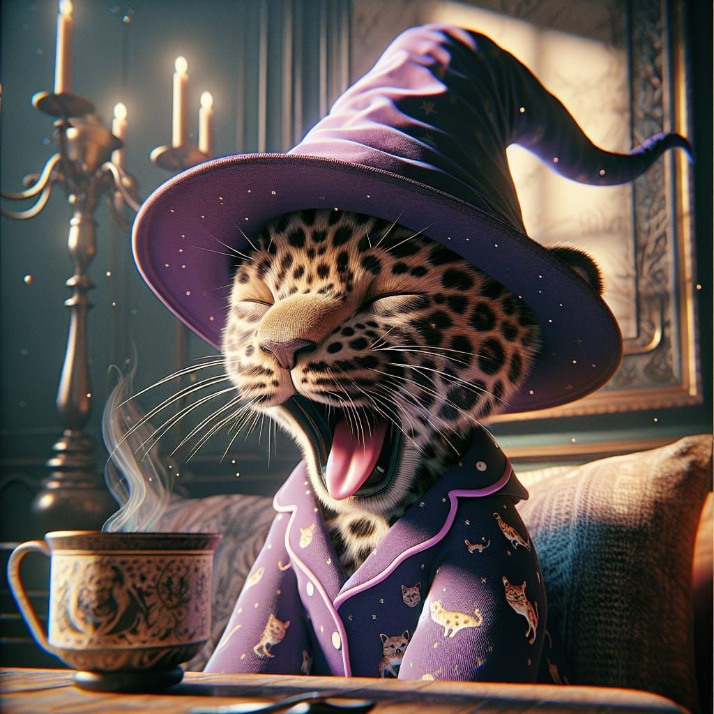 Cute Leopard in Witch Hat, Renaissance Fantasy Art