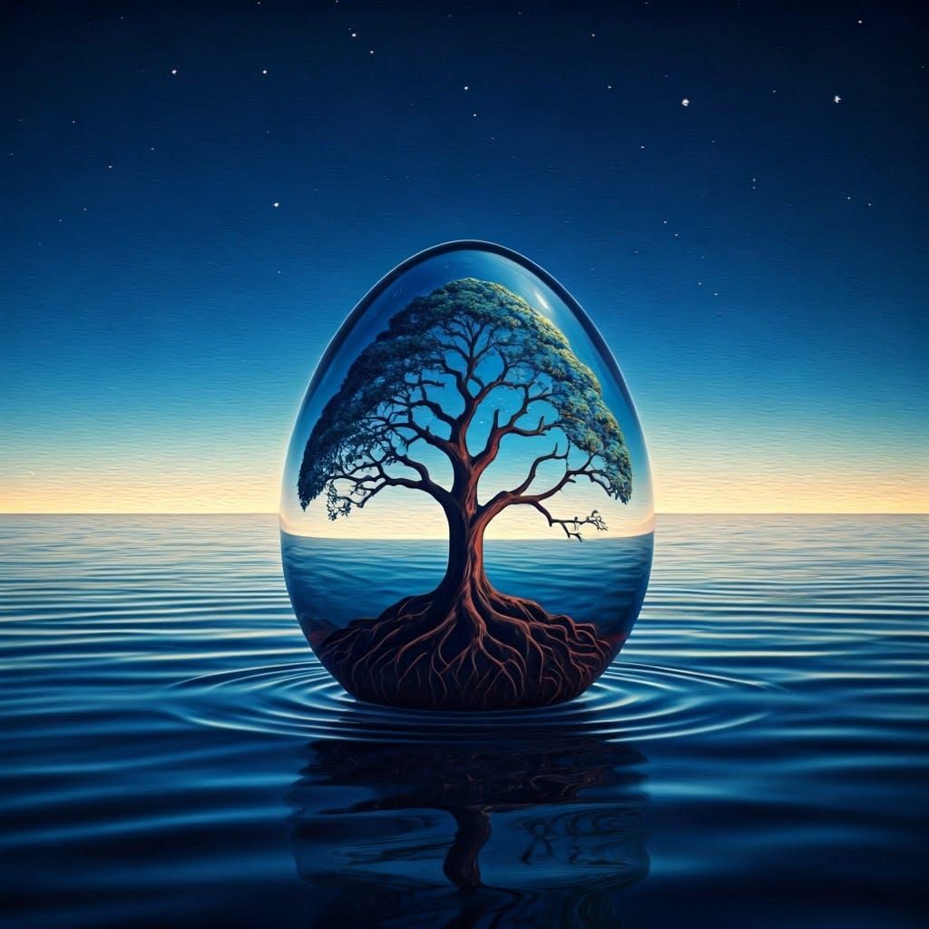 Crystal Egg with Tree of Truth in Surrealist Style