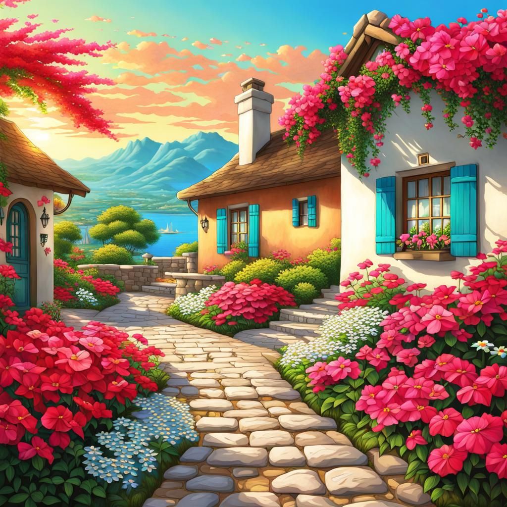 Anime Garden Cottage with Bougainvillea in Bloom