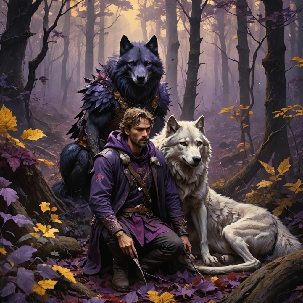 Dark Fantasy: Man and Dying Wolf in Forest
