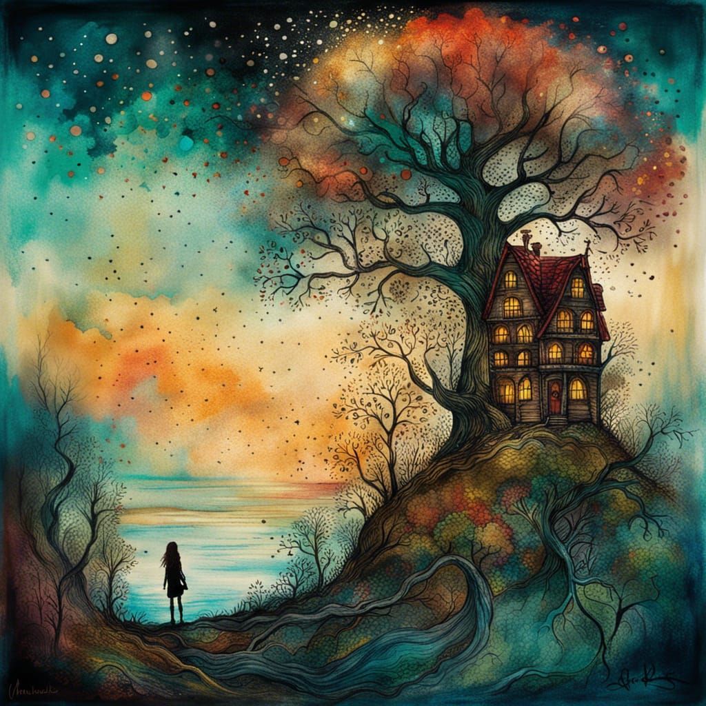 Magical City in Trees: Watercolor Anime Style