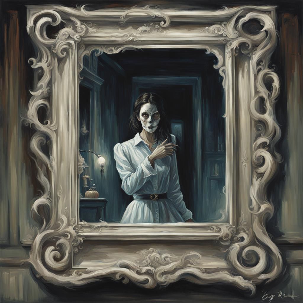 A brunette woman ghost inside a mirror.