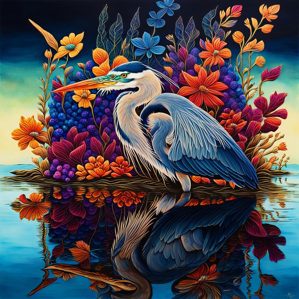 Bioluminescent Heron in Jewel-Toned Crystal Landscape
