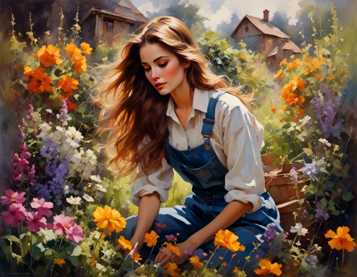 Woman Gardener in Flower Garden with Woodsplash Effect