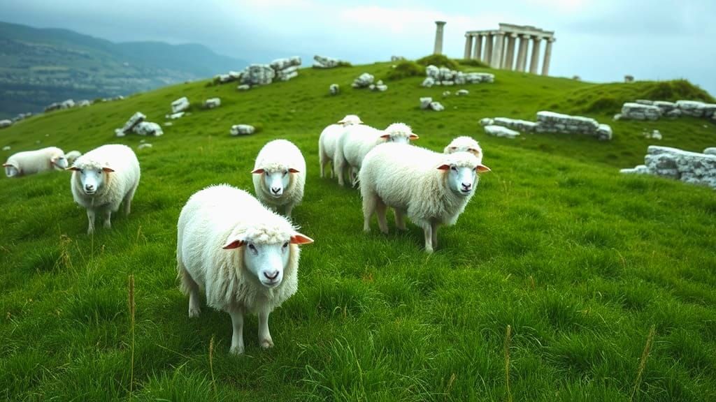 White Sheep Graze on Vivid Green Hillside