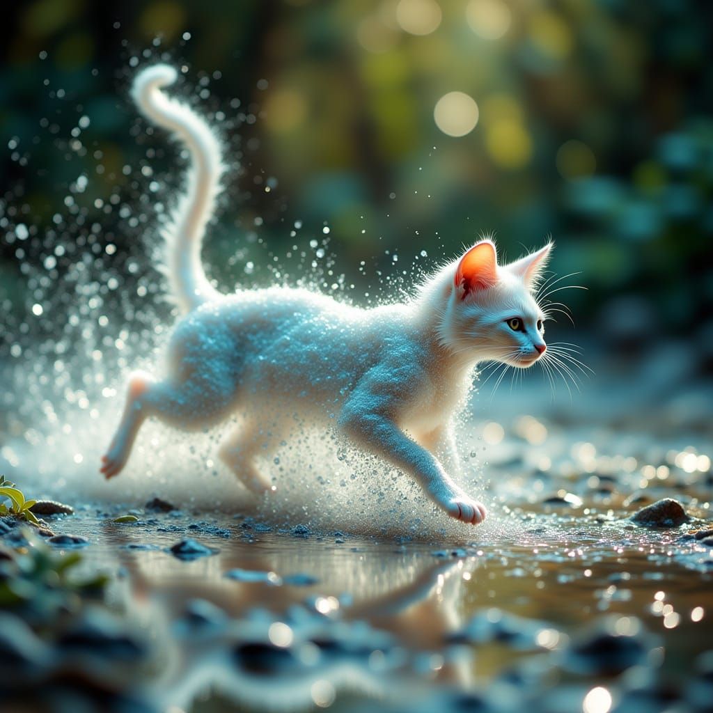 Transparent Water Cat Running Through Shimmering Puddles