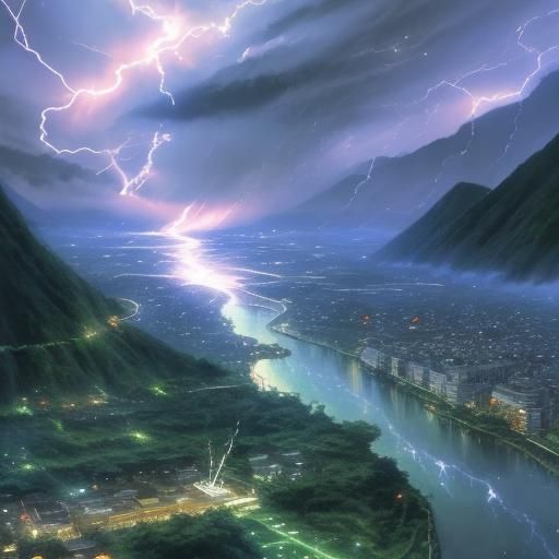 Anime Style Lightning Strike Over River in 4K