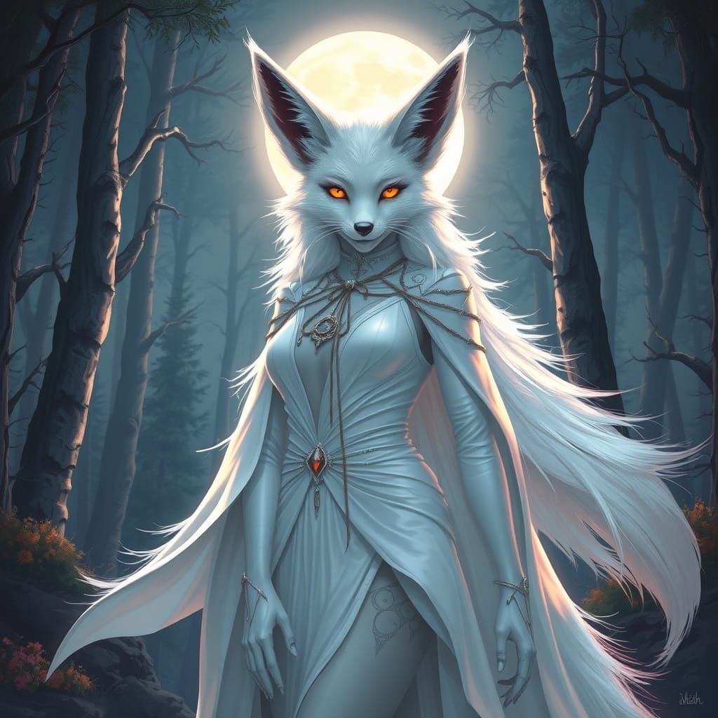 Silver Fox Woman in Moonlit Forest, Mystical Realism