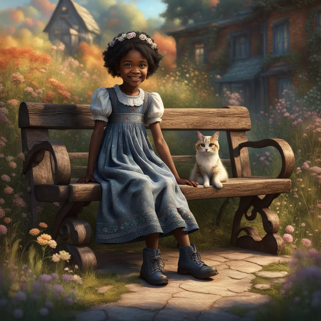 Calico Prairie Girl on Bench, Sarah Kay Style