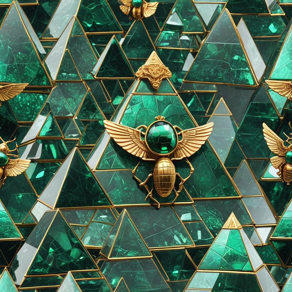 Emerald Pyramid with Golden Scarab in Crystal Glass