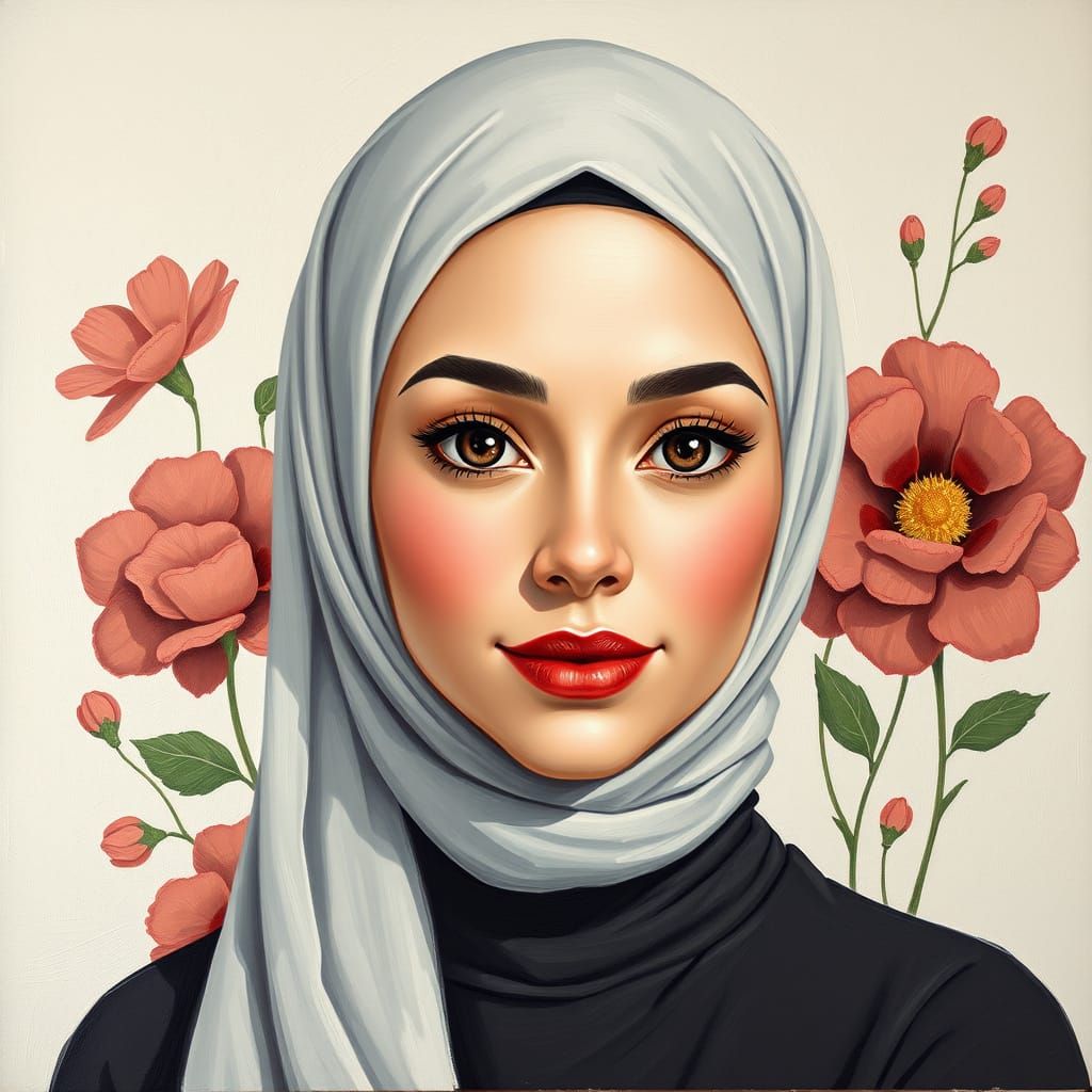 Elegant Hijabi Woman in Minimalist Oil Painting with Floral ...