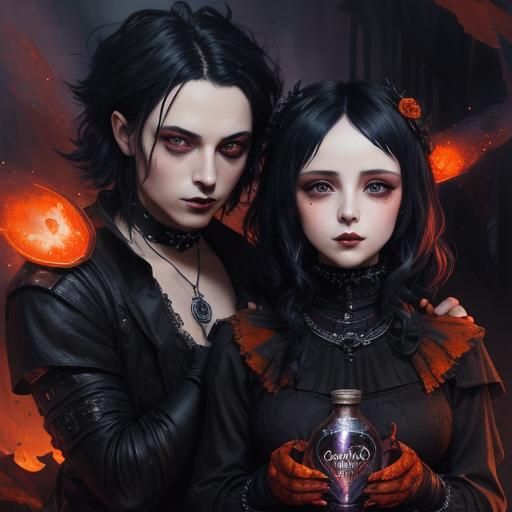 My dark horror Valentine, chibi goth doll couple, gothic alcohol inks