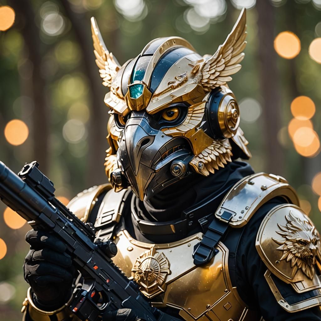 Gryphon in Mandalorian Helmet with Blaster Gun
