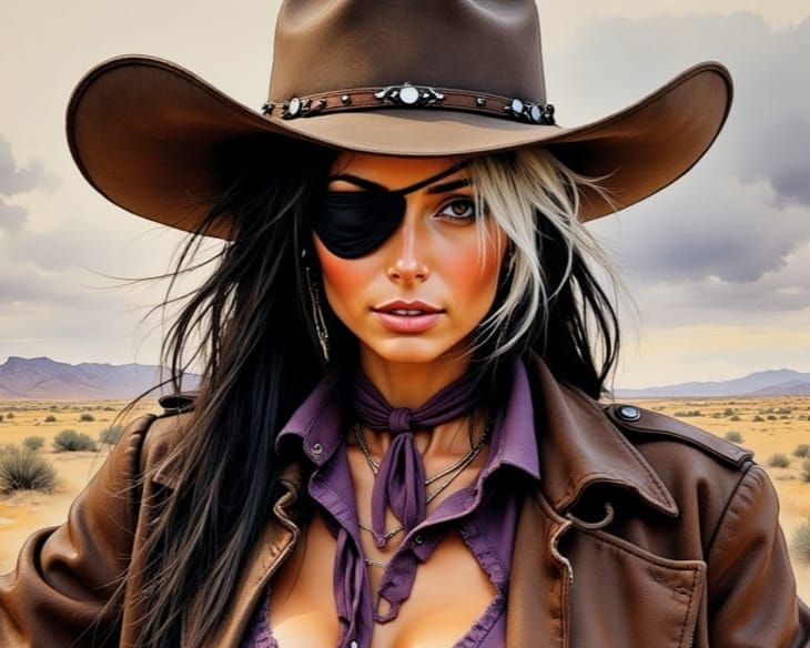 Beautiful Brunette Cowgirl with White Streak and Eyepatch