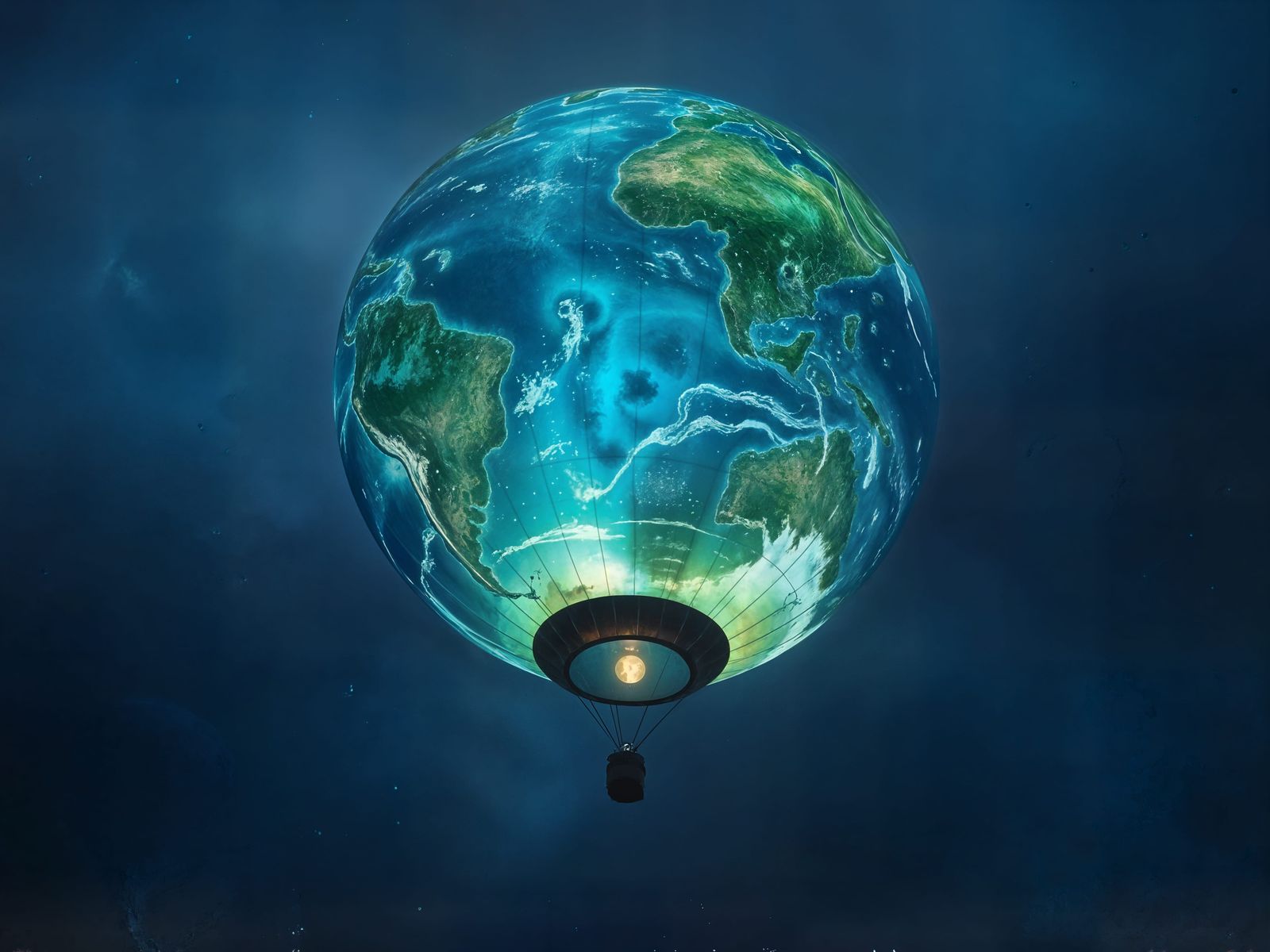 Luminous Earth Balloon Floats in Moody Sky