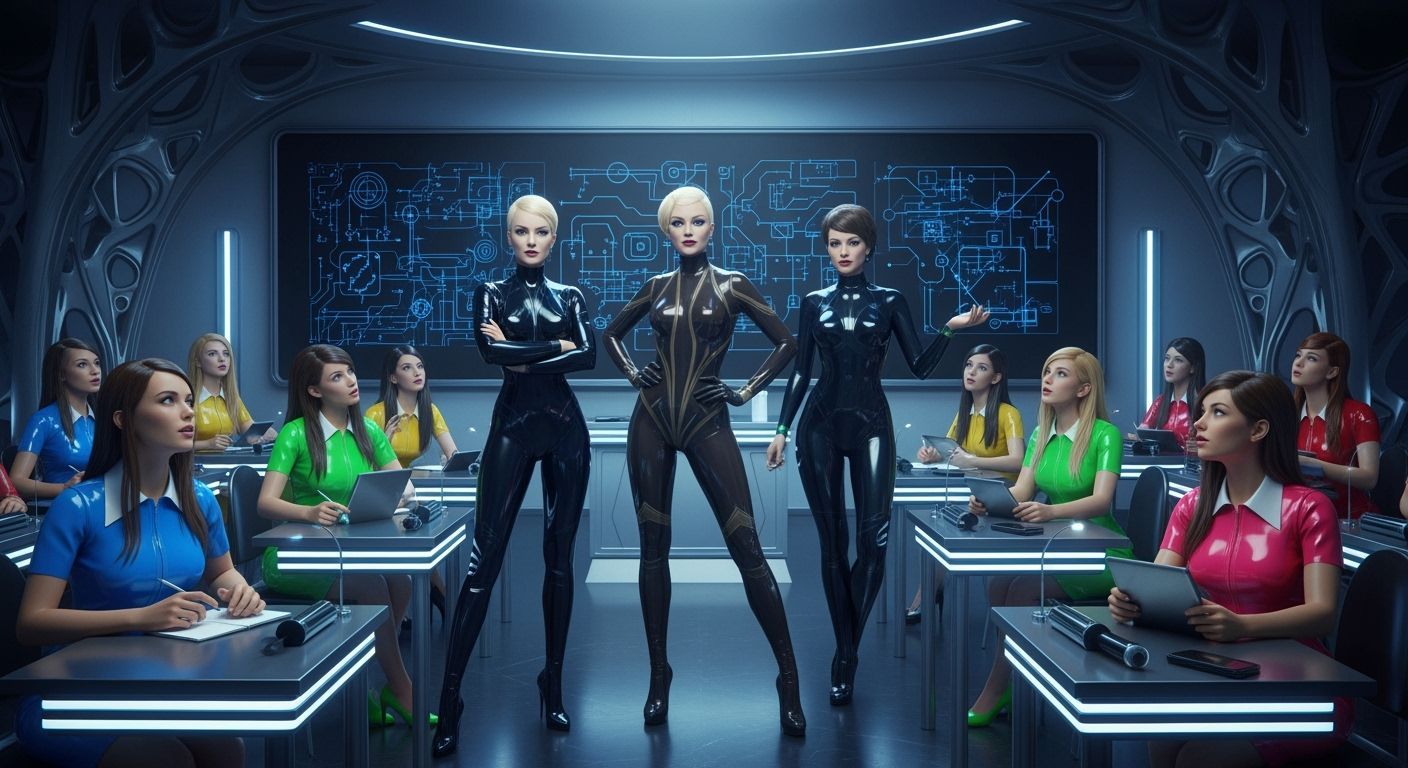 Rubber Queens Teaching in a Neon-lit Classroom