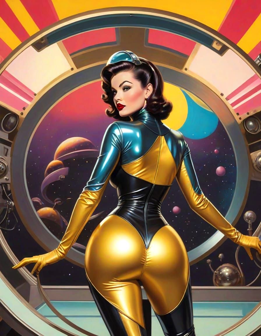 Retro Sci-Fi Pinup Goddess in Metallic Catsuit