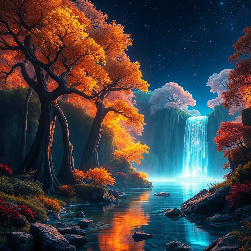 Mystical Starlit Forest with Enchanted Waterfall