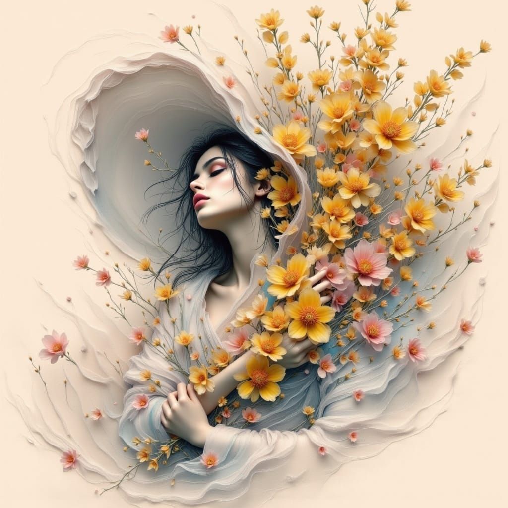 Woman Wrapped in Floral Blessings in Digital Painting Style