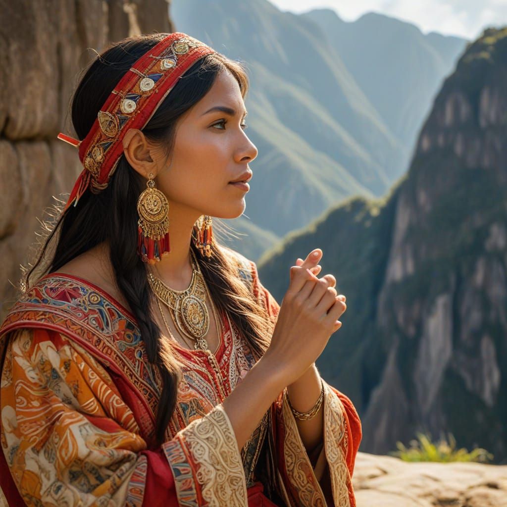 Wise Woman Shares Wisdom at Machu Picchu in Art Nouveau Styl...