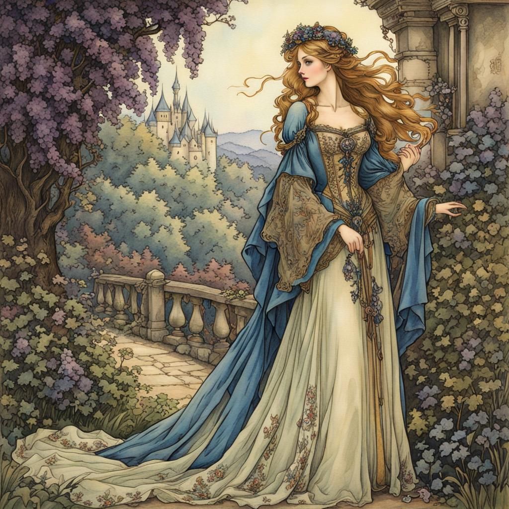 Fairytale Medieval Maiden in Arthur Rackham Style