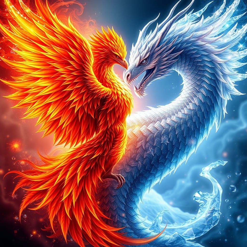 Fiery Phoenix and Icy Dragon Fantasy Concept Art