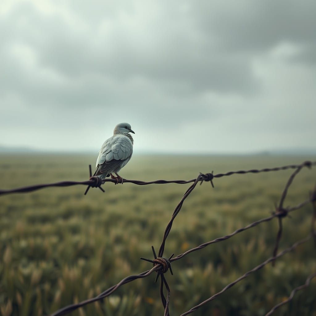 Serene Dove Amidst Barbed Wire, Forgotten Landscape