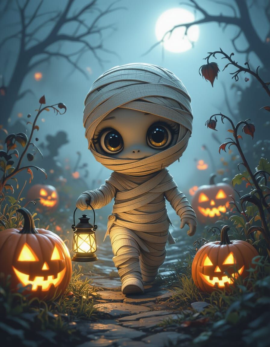 Cute Tiny Mummy in Eerie Garden with Glowing Pumpkins