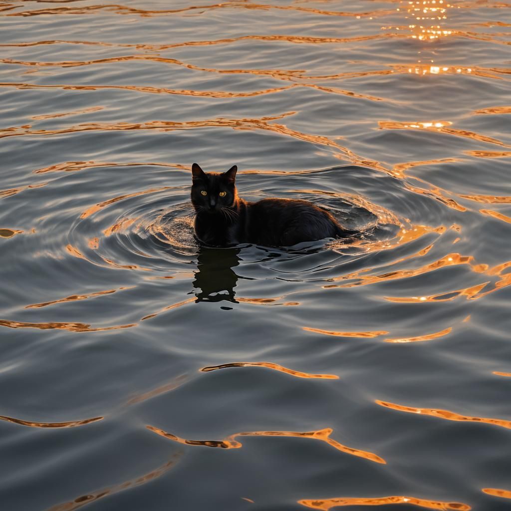 Black Cat Swimming in Sunset Light