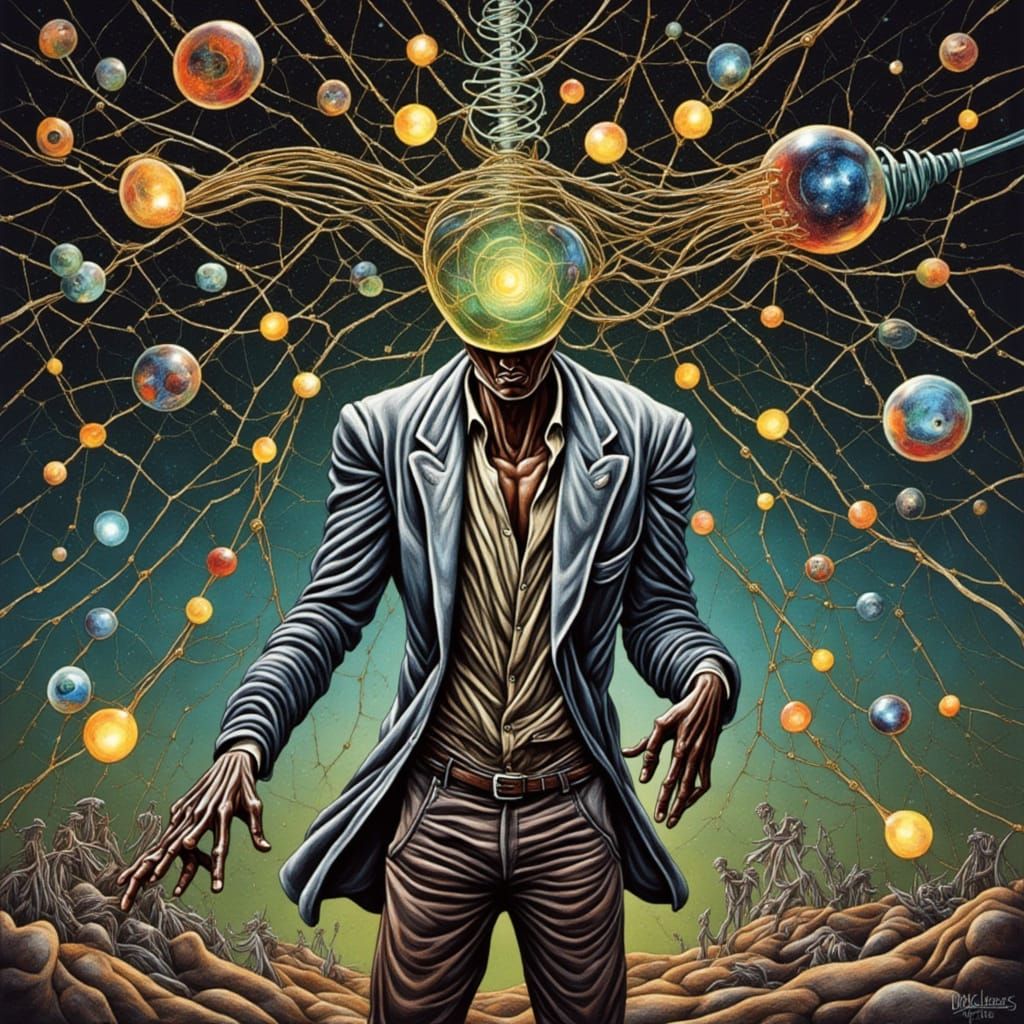 Man Enveloped by Neon Geometric Patterns in a Futuristic Web...