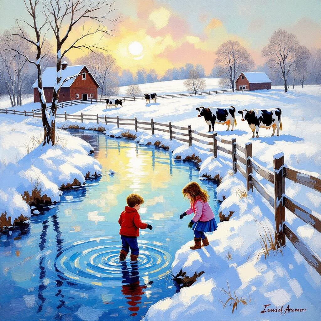 Children Play by Snowy Creek in Golden Hour Farm Scene