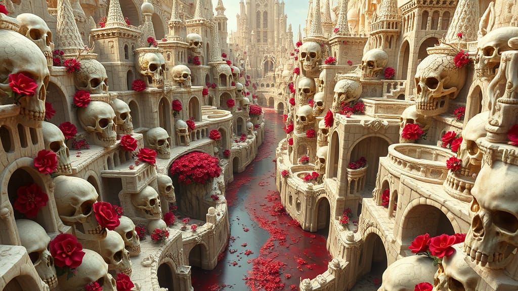Ethereal Cityscape Carved from Ivory and Skulls in Photoreal...